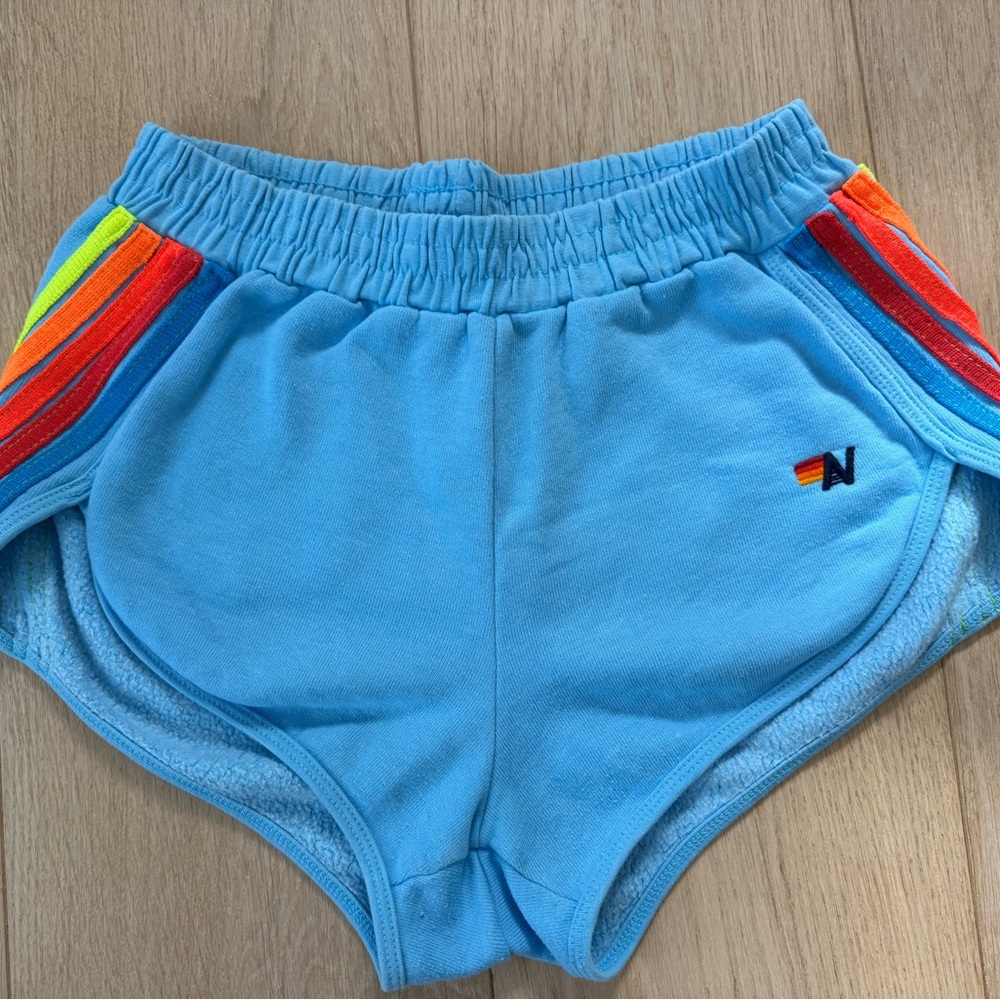 Aviator Nation Blue Athletic Shorts with Rainbow Stripes